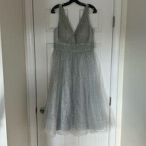 Marchesa Notte Silver Midi Tulle Dress